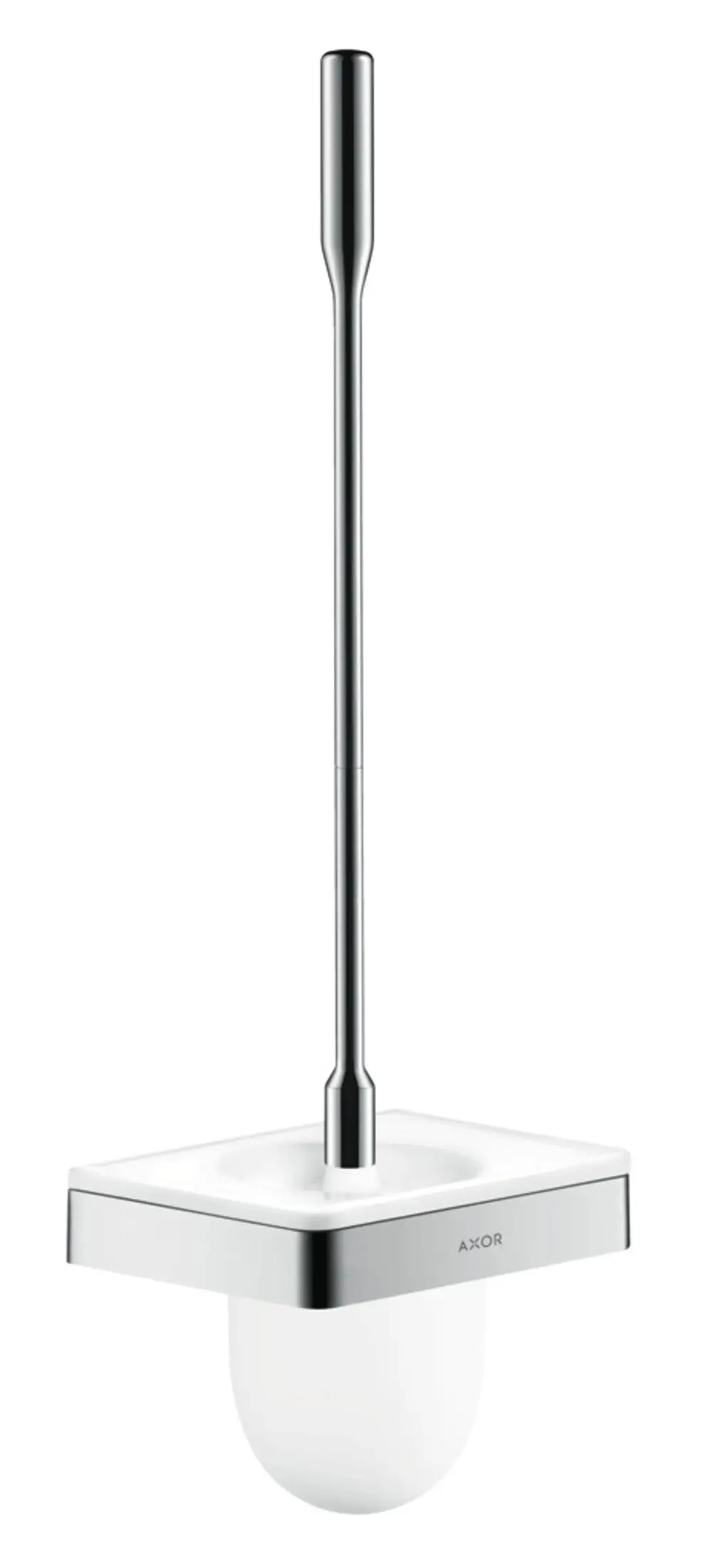 Toilettenbürstenhalter von AXOR, wandmontiert, mit länglichem Edelstahlgriff und schlichter Halterung aus weißer Keramik.